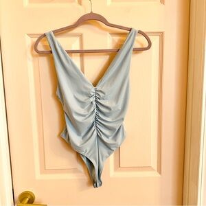 Blue ruched Zara bodysuit